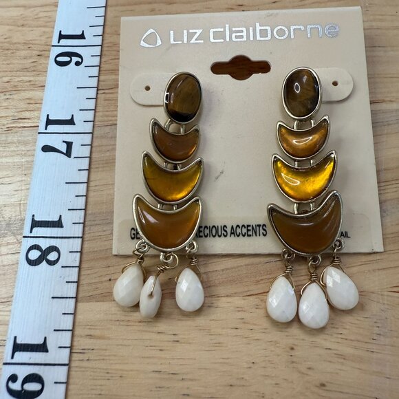 Liz Claiborne Gold-Tone Brown Crescent Drop Earrings W/ White Bead Accents - Picture 6 of 8